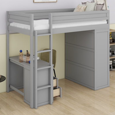 Lit mezzanine avec placards et bureau à 2 tiroirs avec armoire