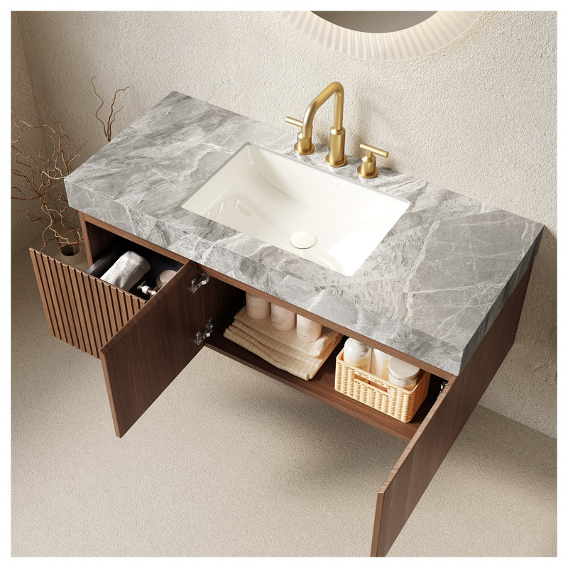 Meuble-lavabo suspendu MURI de 122 cm (48 po) avec comptoir en pierre frittée gris pâle, lavabo en céramique et armoire de rangement en contreplaqué de chêne brun