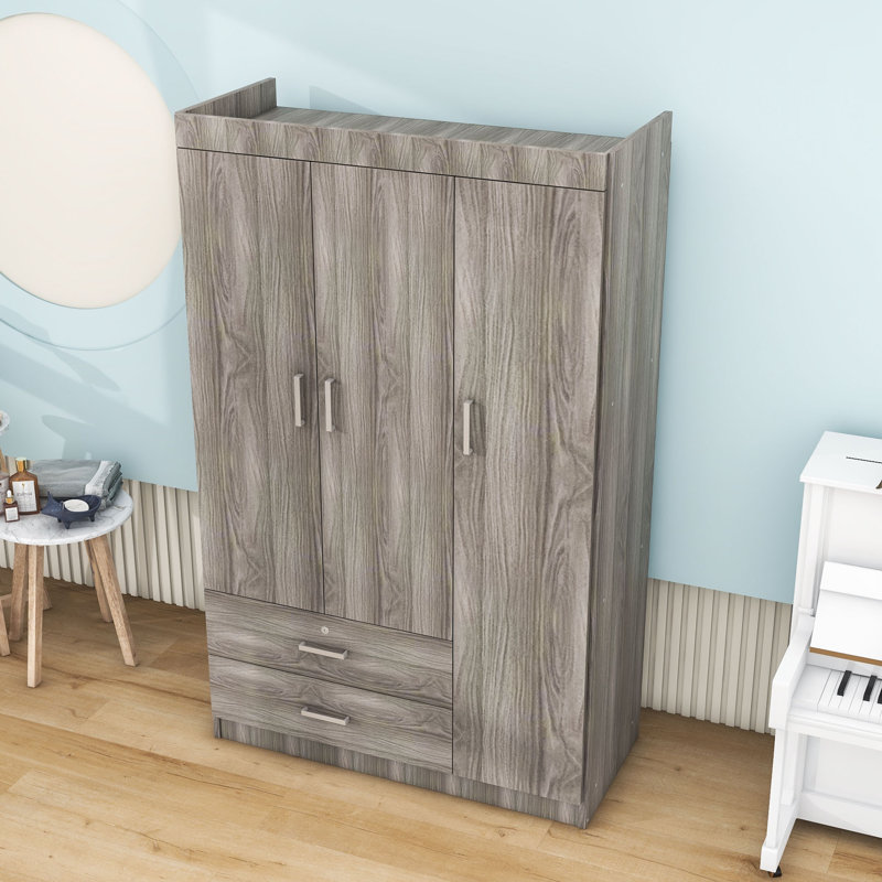 Garde-robe autoportante en bois moderne à 3 portes avec tiroir verrouillable, tablettes et rail suspendu, Gris