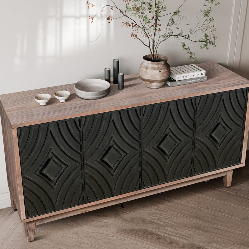 Grand buffet avec 4 portes à motif cannelé et 2 tablettes - Armoire de rangement style Mid-Century à finition noire antique