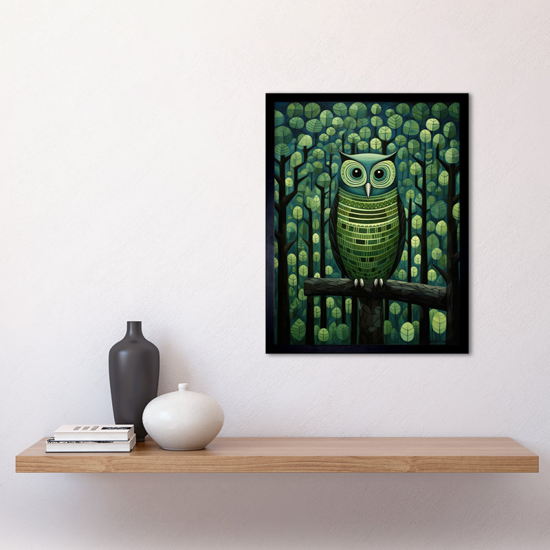 Sage Green Owl Illustration Perched Geometric Forest Night - Single Picture Frame Print