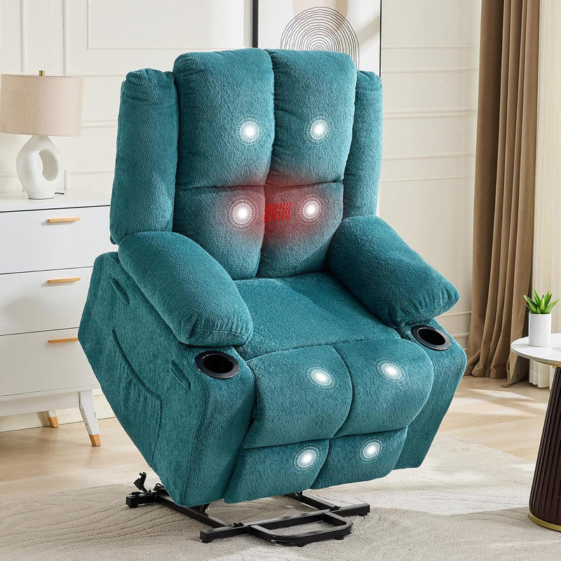 Oversized Power Lift Recliner Chair with Massage & Heat, 135° Adjustable Electric Chair for Elderly, Teal Chenille