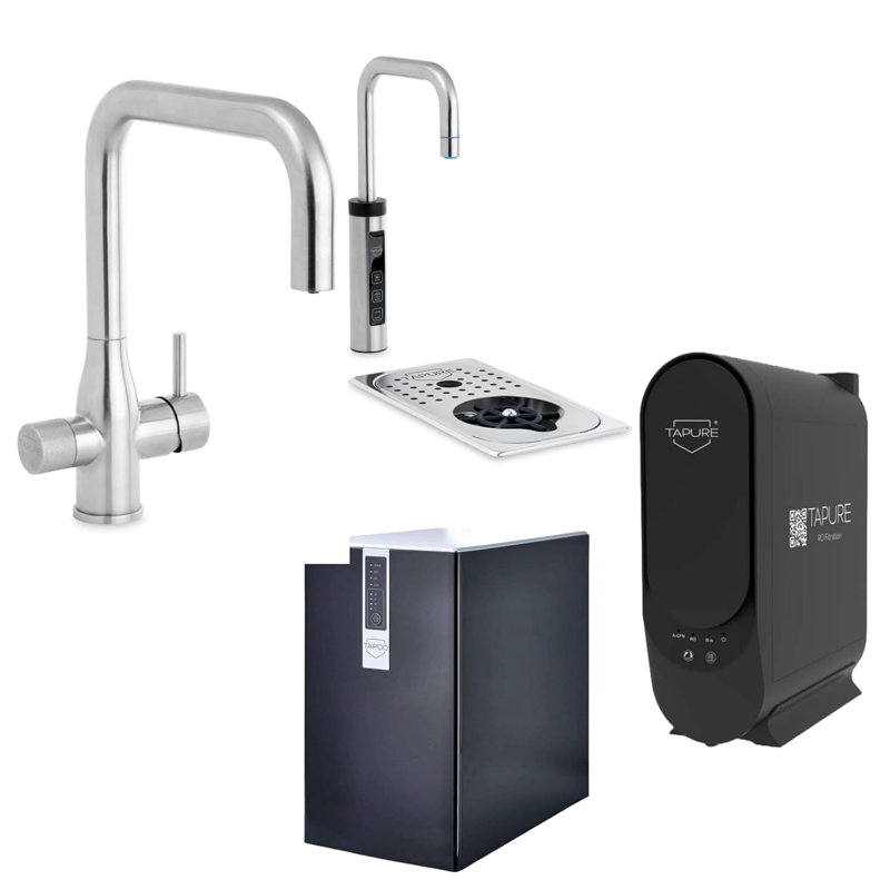Durable 3-In-1 Tap + Square Drink Station Combo - Black/Stainless Steel with RO, Alkaline, Boiling, Stainless Steel