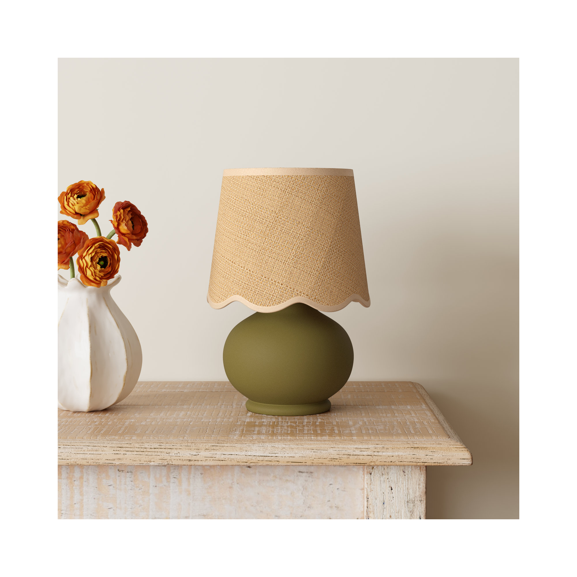 Momsen Scallop Shade Matte Lamp, 13"H x 8"W x 8"D, Green, Natural