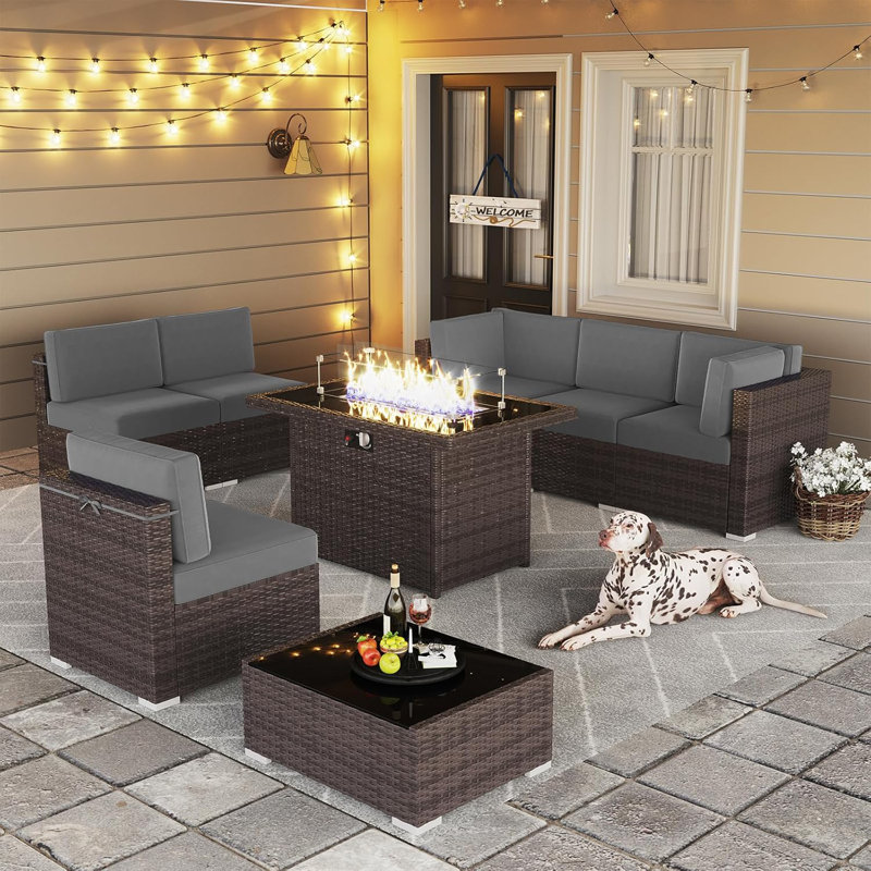  8 Piece Patio Furniture Set with 44" Propane Gas Fire Pit Table, Outdoor Sectional Conversation Set Wicker Rattan Sofa Set with Coffee Table