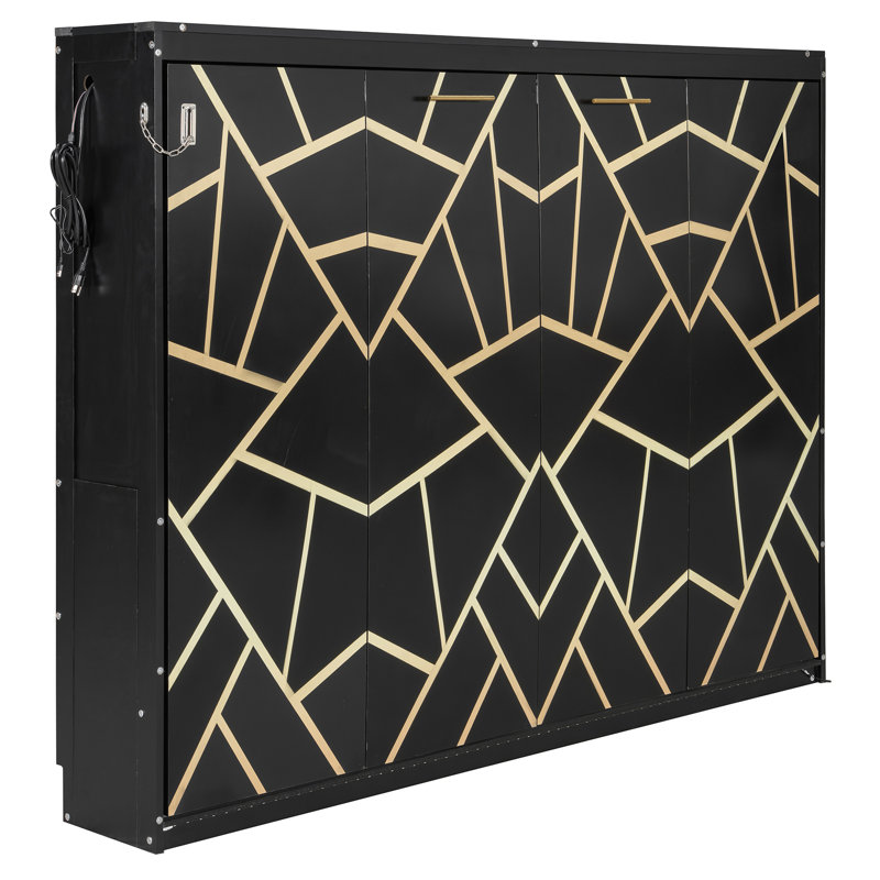 Grand lit escamotable pliant latéral de taille grand avec motif imprimé tendance, éclairage DEL sous le lit et prise USB intégrée - Design peu encombrant - noir