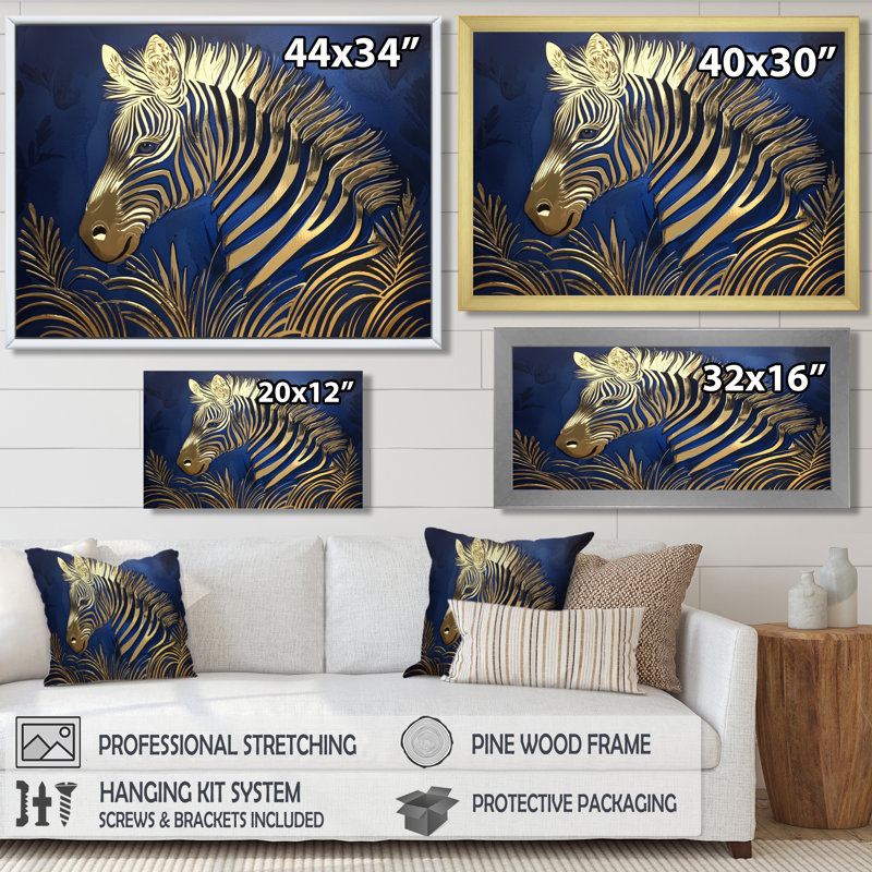 «Golden Aqua Zebra Portrait II - Zèbre», reproduction d'art murale, H 12 po x l 20 po, Reproduction encadrée, Noir