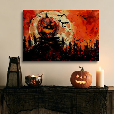 Tableau aquarelle d'Halloween avec des chauves-souris et des citrouilles, sur toile 2D - Décoration des fêtes 81 x 61 cm