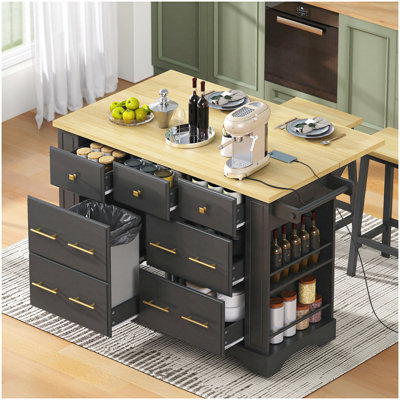 Îlot de cuisine avec 6 tiroirs, rangement pour poubelle coulissante, îlot de cuisine sur roulettes avec abattant, 5 prises de courant latérales ouvertes pour la cuisine, la salle à manger, noir