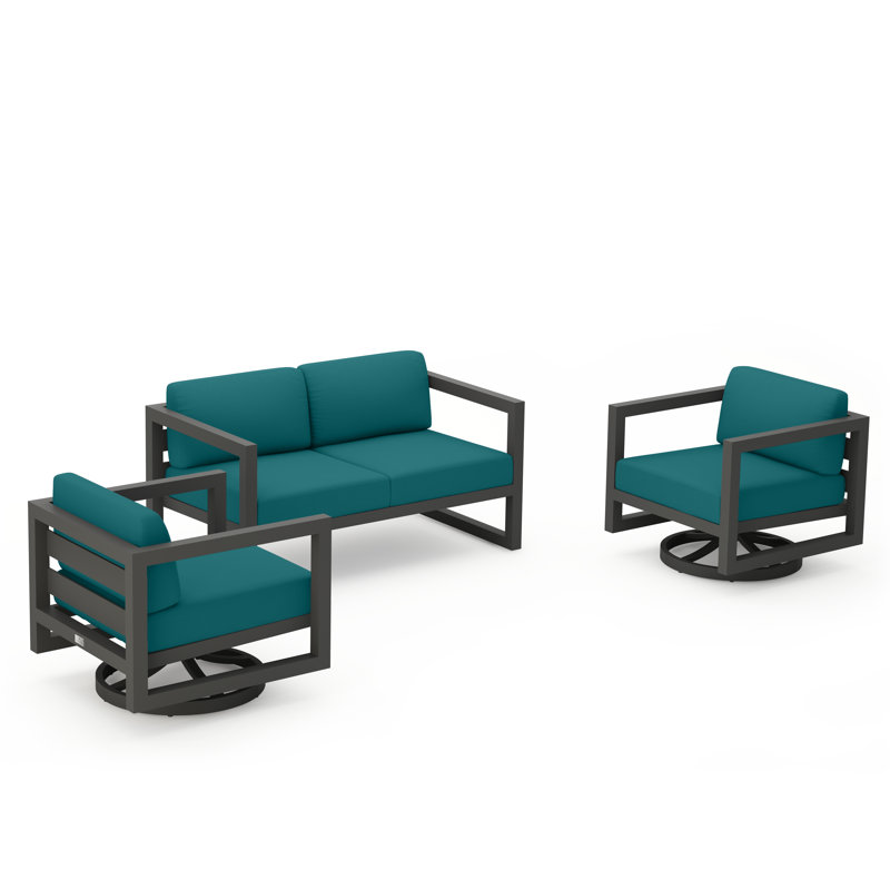 Avion 3 Piece Loveseat Set With Swivel, Spectrum Indigo Sunbrella®, Slate