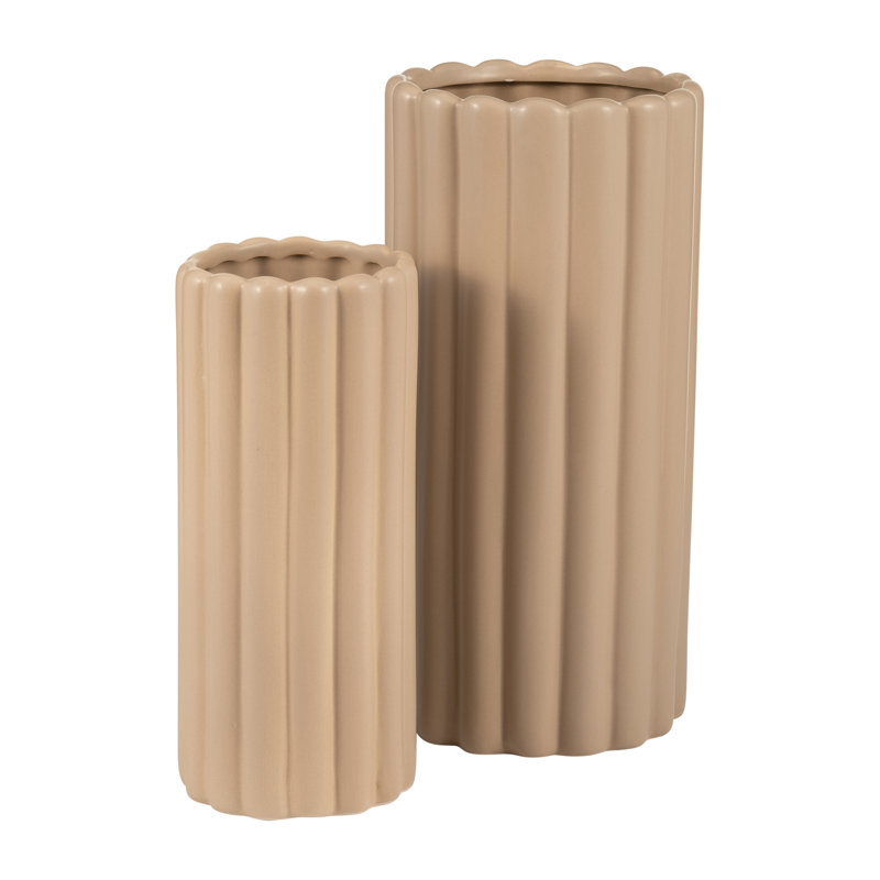 Modern Vases Set - Stoneware Woven Synthetic Wicker Ceramic Decorative Accent Vessels - Set of 2, Ribbed Cream