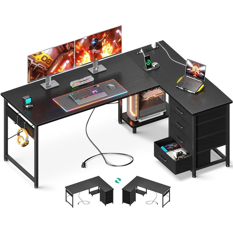 Bureau de jeu en L avec 4 tiroirs, bureaux réversibles de 61 po avec prises de courant, bureau d'ordinateur en L avec port de charge USB et support pour ordinateur portable, bureau en coin, facile à assembler, noir