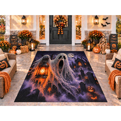 Tapis d'extérieur 152 x 213 cm (5 pi x 7 pi) à motif de fantômes et lanternes sombres d'Halloween, en PVC épais, imperméable et bouclé, idéal pour terrasse, balcon, entrée ou porche. Séchage rapide.