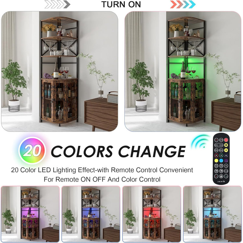 Rustic Brown Industrial Corner Wine Bar Cabinet with LED Lights