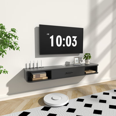 Meuble télé flottant, meuble télé mural de 55 po, tablettes flottantes avec porte, console multimédia pour lecteur DVD, tablette sous le téléviseur peu encombrante pour la chambre à coucher et le salon (chêne)
