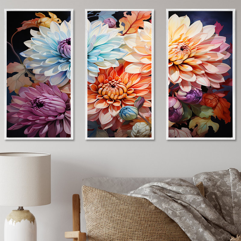Mums Burst With Fierce Brushwork & Intense Colors - Ensemble d'art mural Mums, Cadre flottant blanc