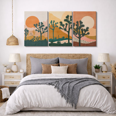«Cactus Desert Bright Orange Sun Desert Joshua Tree Southwestern», impression encadrée sur toile, 3 pièces