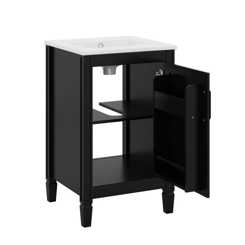 20" Bathroom Vanity With Ceramic Sink, Adjustable U-Shaped Shelf, Door Storage Rack, Black