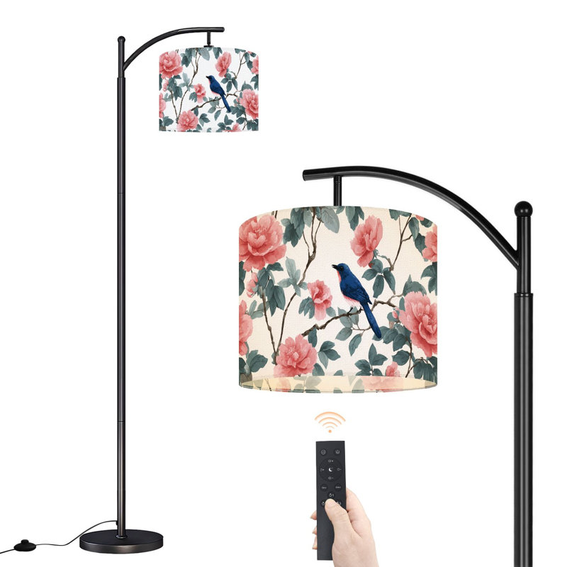 Lampe sur pied à arc avec abat-jour réglable Fleurs chinoises douces aquarelle Botanical Bird