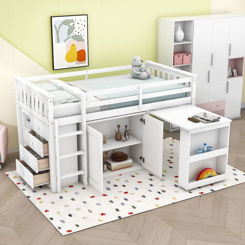 Lit mezzanine simple avec tiroir de rangement, tablettes, bureau et échelle, Blanc