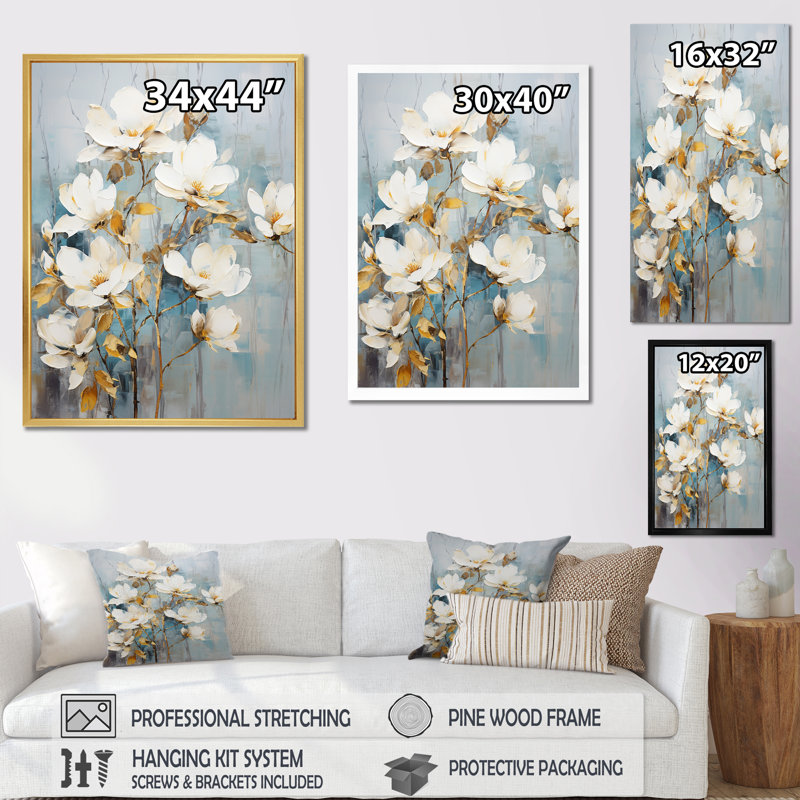 «Magnolias Beauty Blossums» beige et doré - reproduction sur toile, Cadre simple argenté, H 32 po x l 24 po x P 1 po
