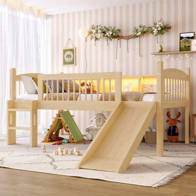Twin Loft Bed with Storage Shelves, Solid Wood Frame, LED Lights & Full-length Guardrails, No Box Spring Needed, Natural