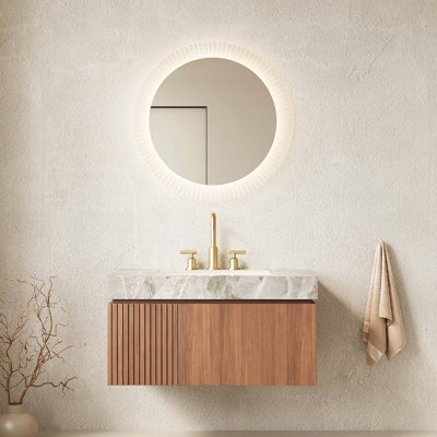 Meuble-lavabo flottant en contreplaqué avec tiroir et porte, comptoir en pierre frittée et lavabo en céramique avec trous de robinet pré-percés