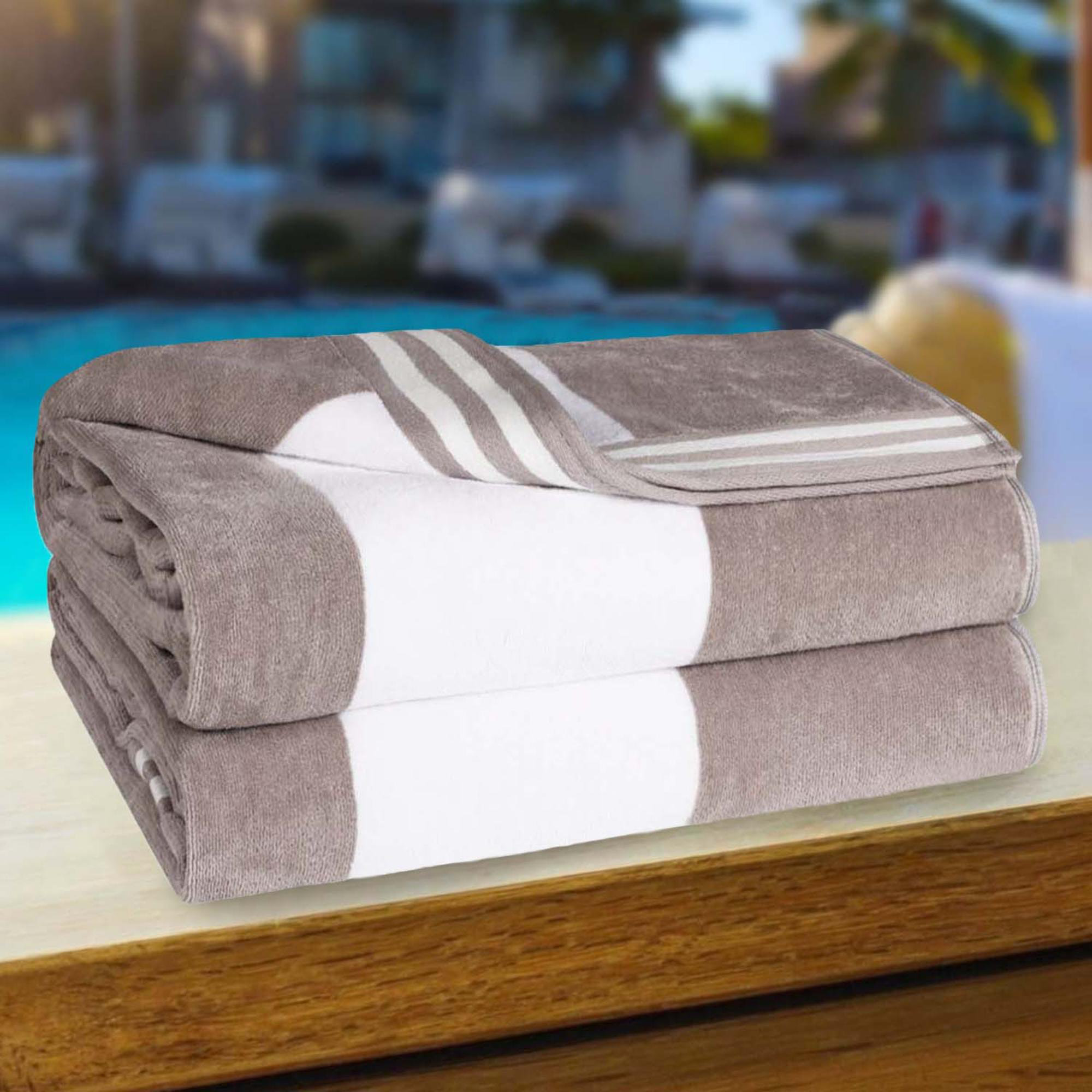 Calheta Cotton Oversized Cabana Stripe Beach Towels, Light Gray, 2
