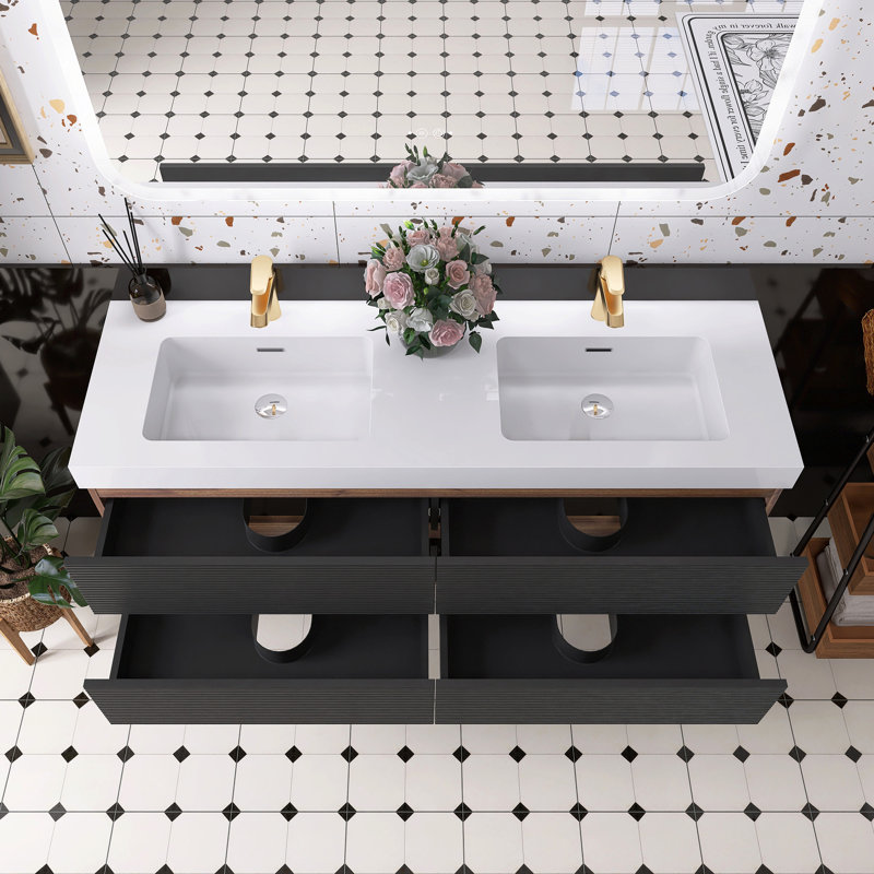 Meuble-lavabo en noyer avec lavabo à surface solide blanc brillant