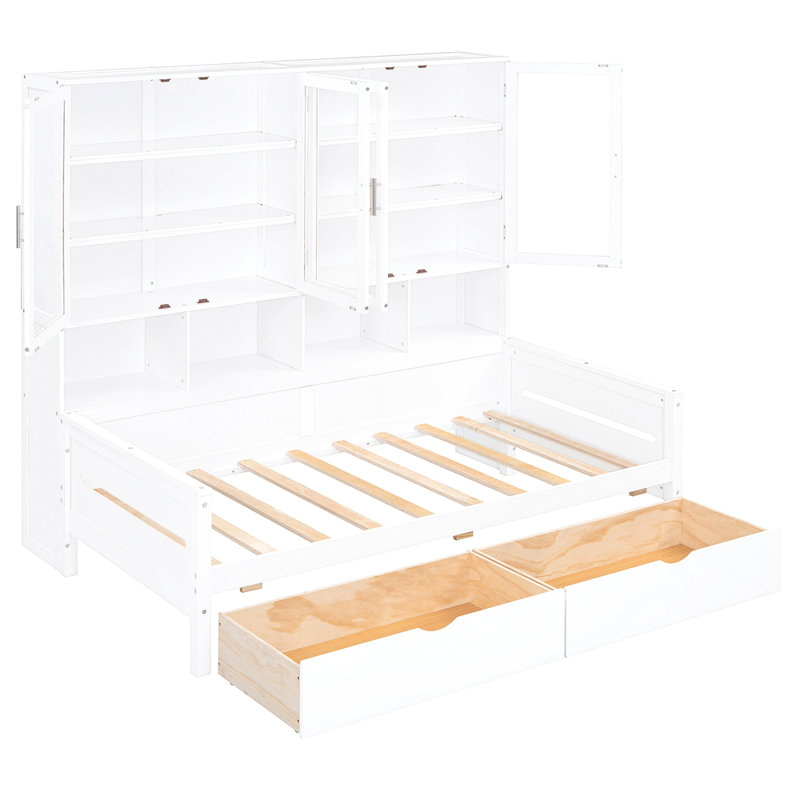 Lit de jour simple en bois avec armoires de rangement à porte vitrée, éclairage à DEL intégré et tablettes, Lit simple, Blanc