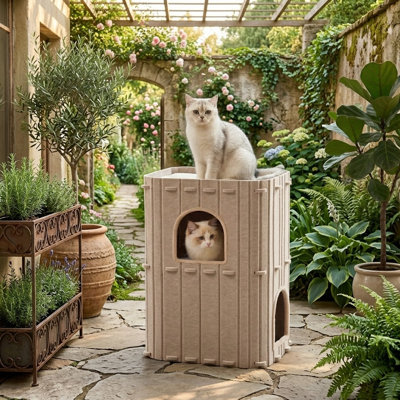 2-Storey Large Cat Bed Cave for Indoor Cats, 23.62" Cozy Felt Covered Cats Tunnel Kitten Hideaway for Multicats, Scratch Resistant, Beige