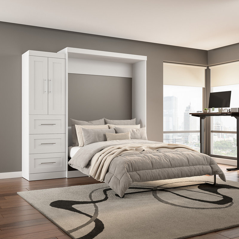 Lit Arlex avec rangement avec tiroirs et portes, Blanc, Double
