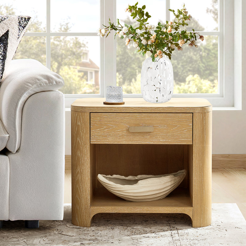 Waynesville Modern 28"W 1 Drawer Fully Assembled Oak Wood Nightstand with Built-In Powerstation and USB, Natural