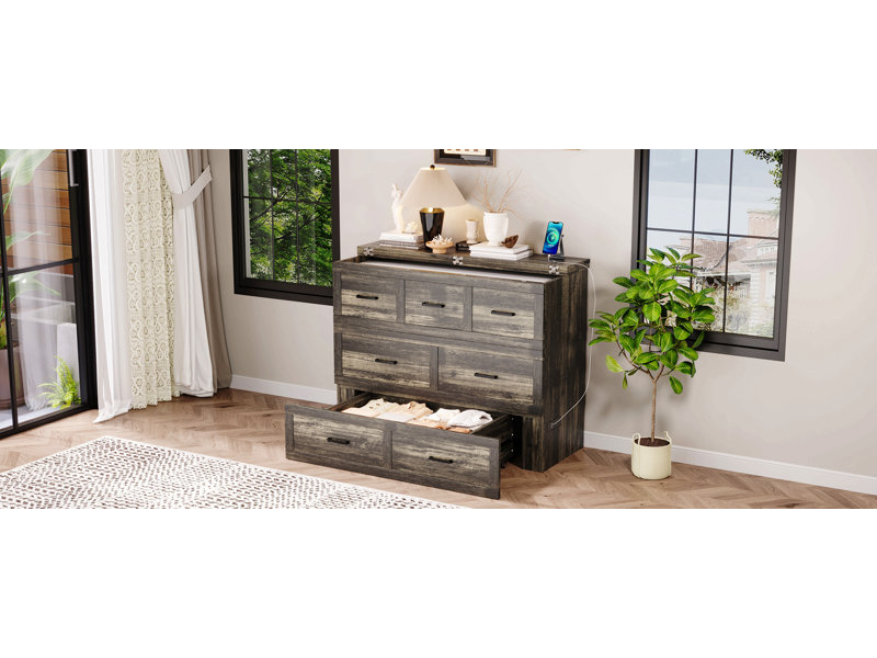 Armoire lit escamotable Murphy avec station de charge, lit plateforme pliable multifonctionnel avec 1 grand tiroir de rangement pour chambre d'amis