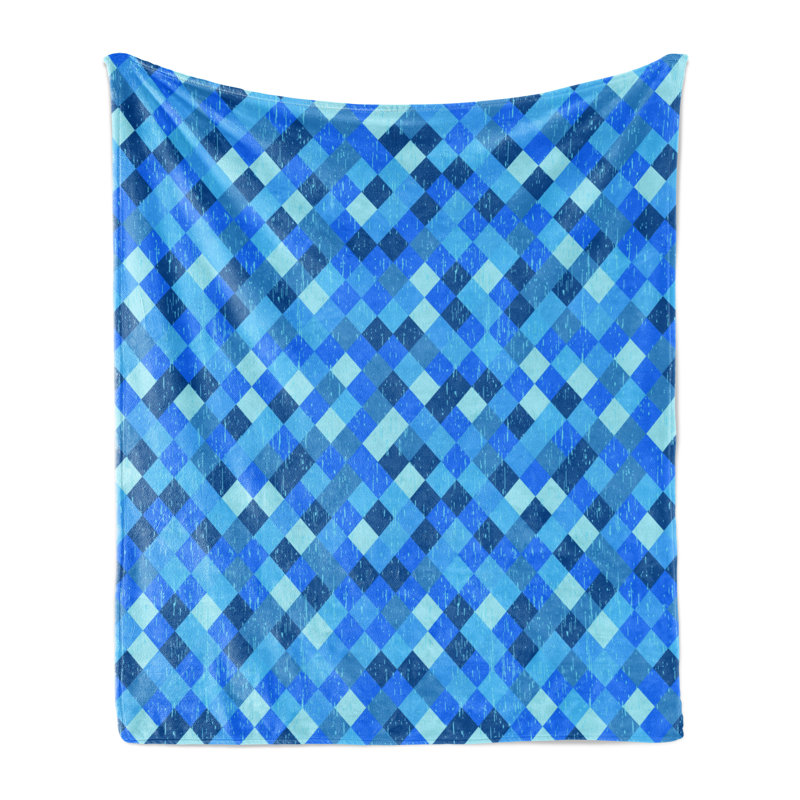 Ambesonne Blue Fleece Throw Blanket Diagonal Checked Pattern Turquoise Dark Blue, 50" W x 60" L