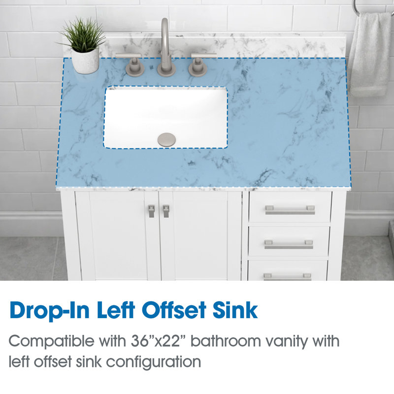 Plateau de meuble-lavabo simple en marbre 36 po avec lavabo gauche - pour remplacement de meuble-lavabo, sans armoire