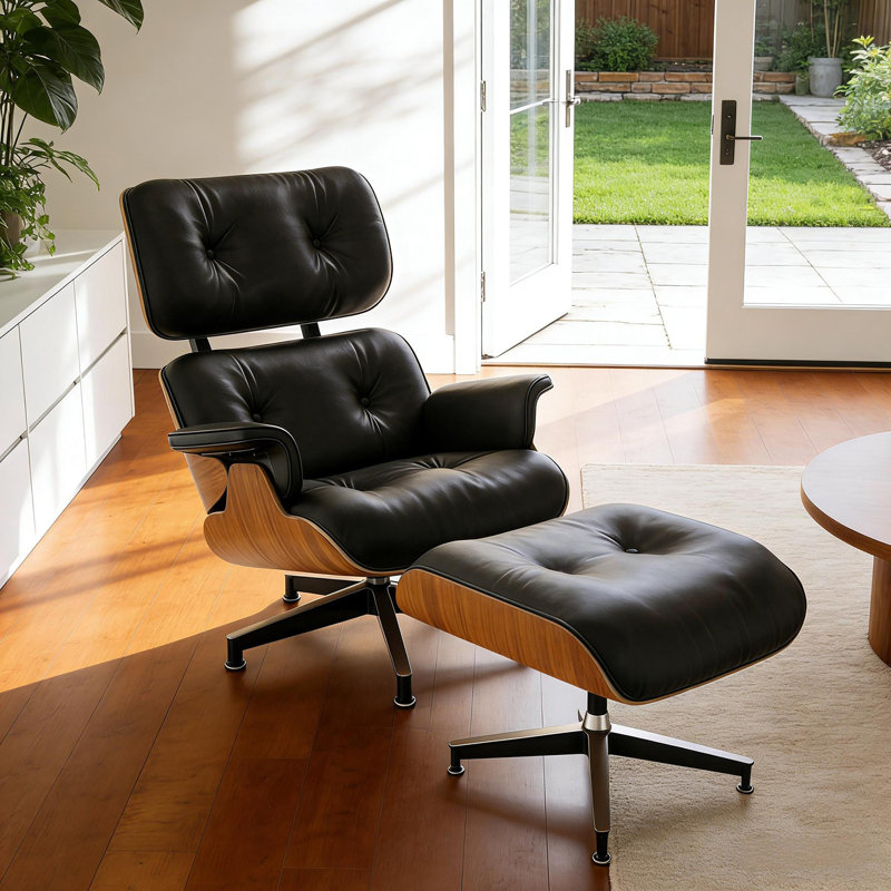 Leather Lounge Chair With Ottoman, Solid Wood Frame, Aluminum Alloy Base, Lightwood/Black