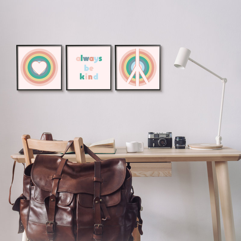 «Cute Always Be Kind Quote Rainbow Peace Sign» par Daphne Polselli - ensemble de 3 impressions, Giclée encadrée noir minuit