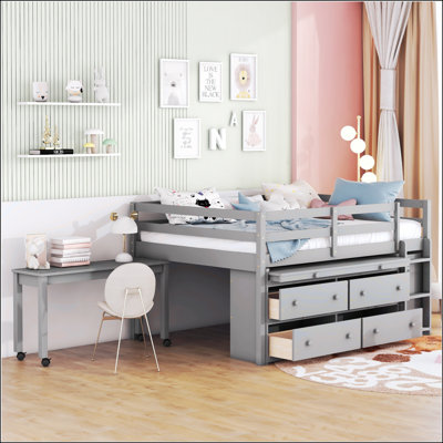 Loft Bed With Retractable Writing Desk And 4 Drawers,Platform Bed With Shelves
