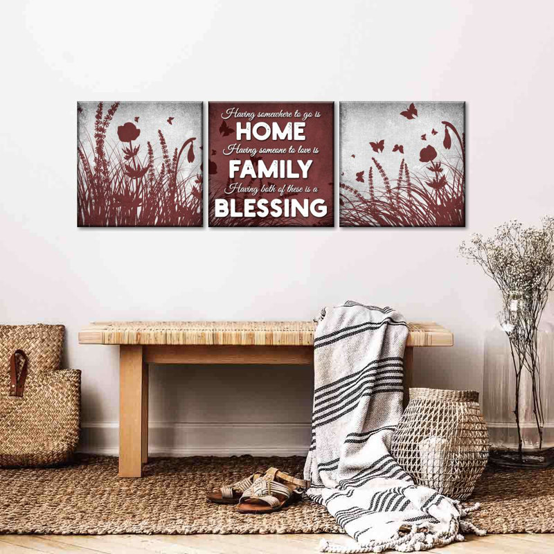 Ensemble de 3 pièces de citation sur toile "Family and home", H 15 po x l 47 po x P 1,25 po