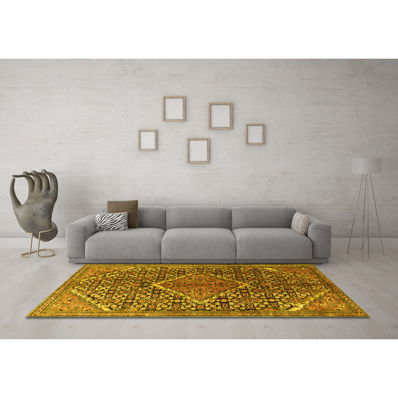 Tapis traditionnels jaunes lavables à la machine 1048, Rond 6 pi