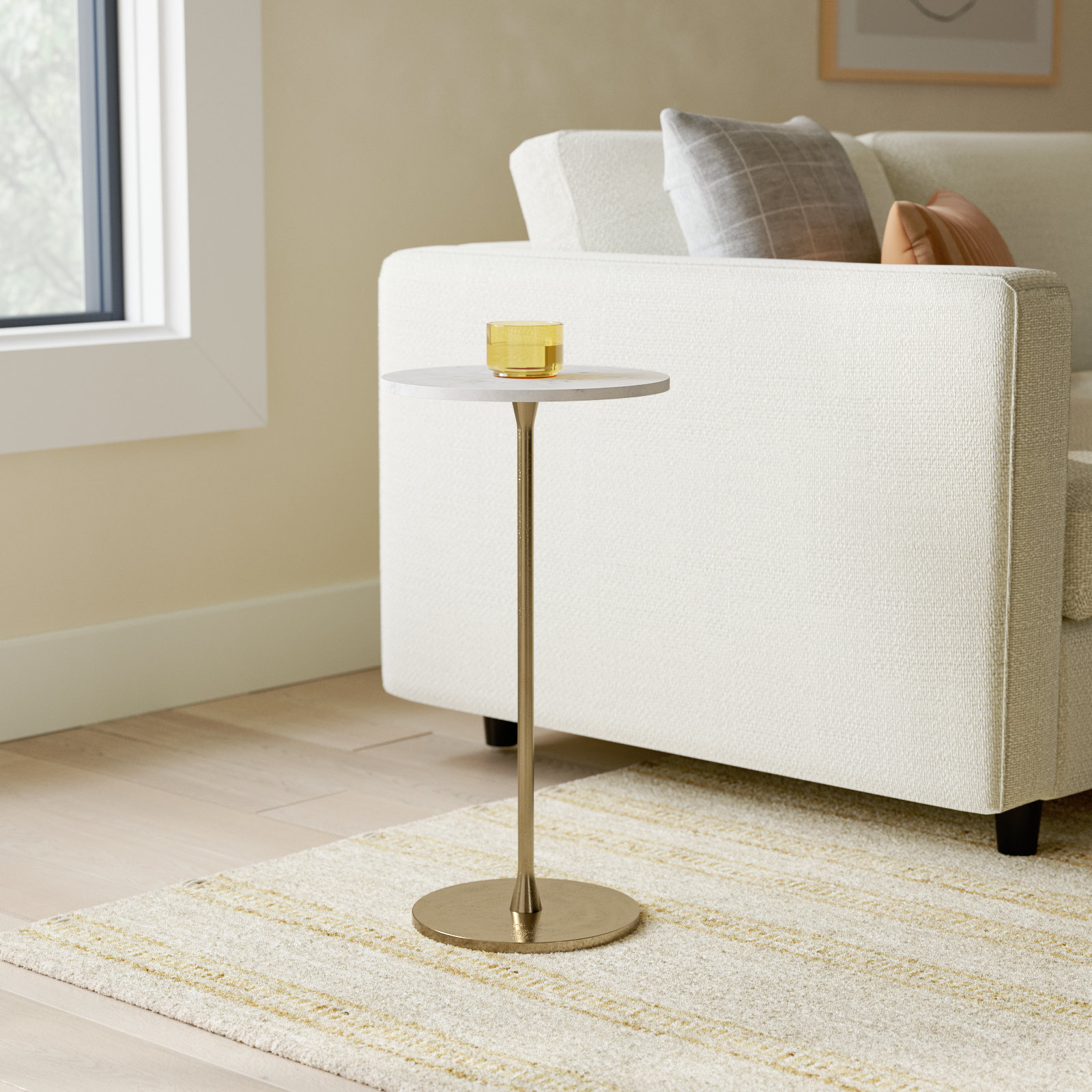 Neutral Glam Gold and White 24"H Round Modern Drink Accent Table with Aluminum and Stone