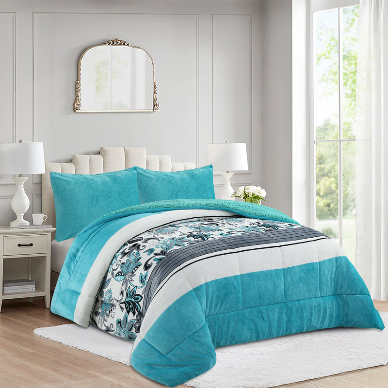MarCielo Soft Printed Micromink Sherpa Comforter Set, 3-Piece Comforter Set – Fluffy Ultra Cozy, Warm, and Plush Reversible Comforter with 2 Pillowcase, Queen/King Size