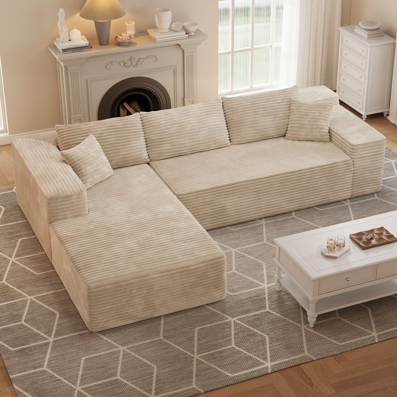 No Assembly Required Compression Packed 2 - Piece Corduroy Sofa, Beige Corduroy