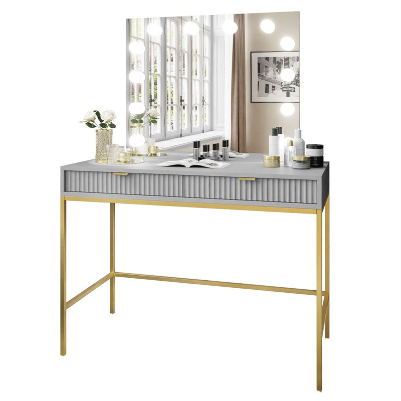 Anges Dressing Table with Mirror, Gray Matt/Gold