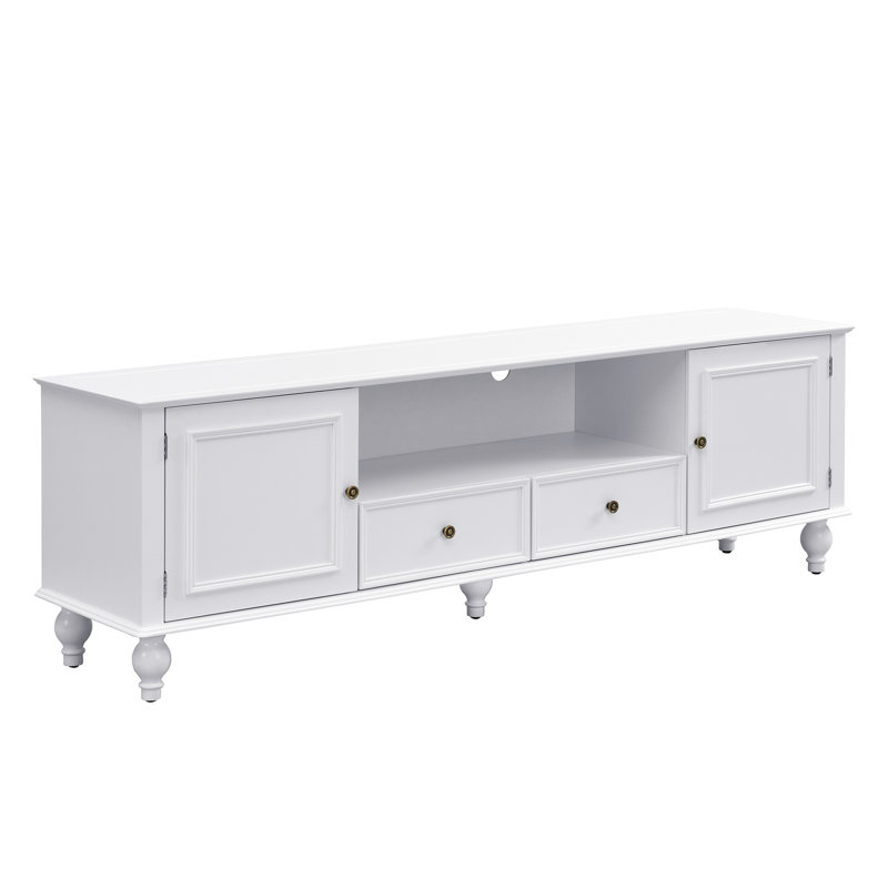 Meuble télé moderne de 80 pouces avec 2 tiroirs, 5 armoires, 5 pieds pleins et un compartiment ouvert pour les besoins d'installation de la maison