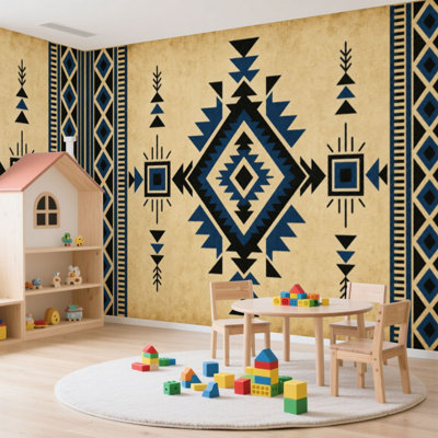 Papier peint adhésif auto-adhésif moderne pour la chambre à coucher Peel and Stick L 100 po x l 144 po - avec motif tribal Navajo