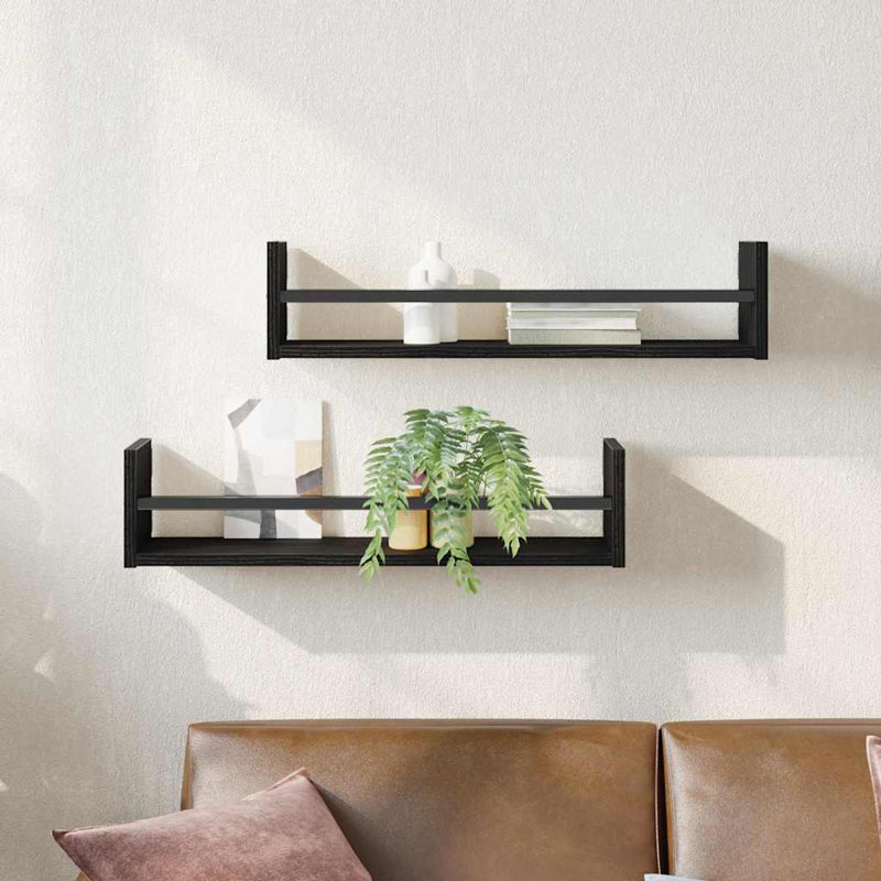 Wall Shelf 2 Pcs Engineered Wood, Black Oak, 14cm H x 60cm W x 16cm D