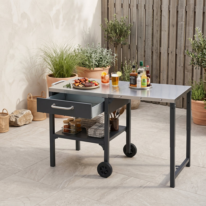 Chariot de cuisine pliable pour l'extérieur avec plateau en acier inoxydable et rangement, Grey