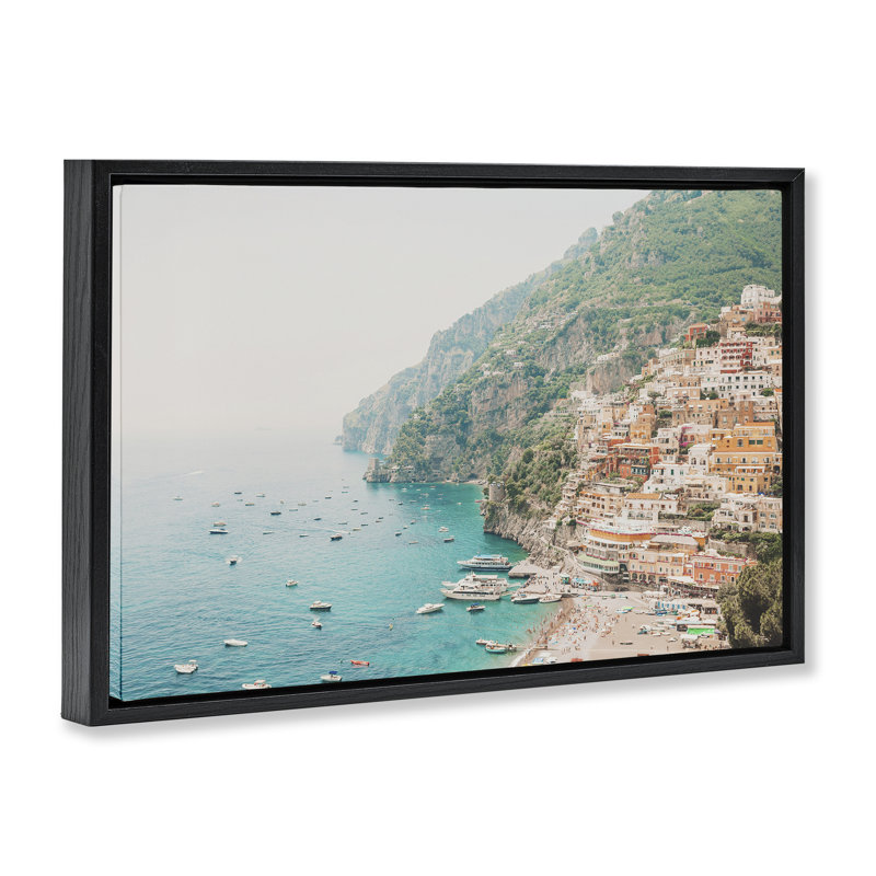 Toile flottante encadrée dorée Amalfi Coast Harbor par Sissi et Seb, Cadre flottant noir de jais, H 21 po x l 31 po